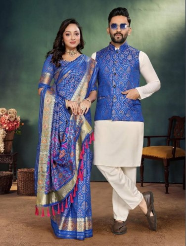 Men and Women Couple Combo of Saree Kurta and Jacket in Blue